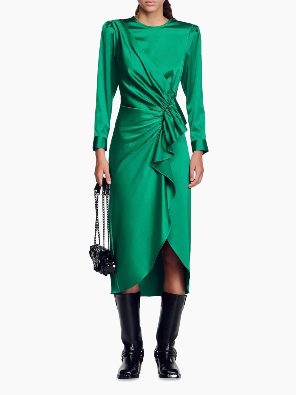 Sandro Emerald Green Long-Sleeve Ruffle Midi Dress